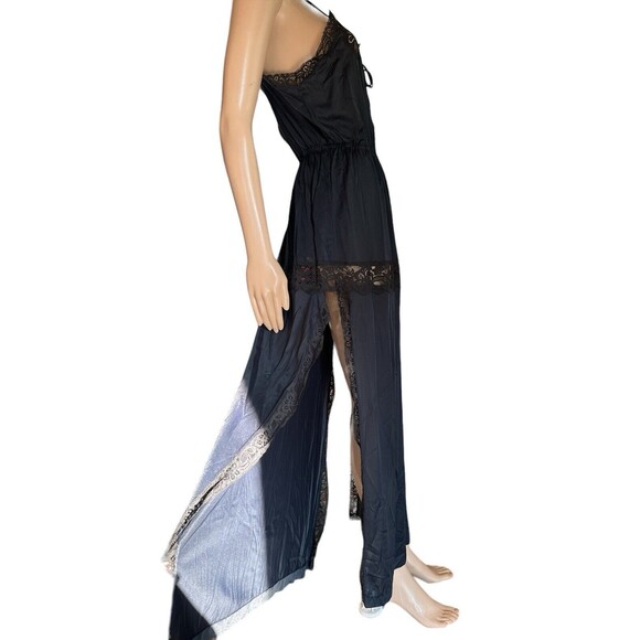 Vintage Black Nylon Nightgown Double Full Side Slit Long Lace V Neck S/M Sheer - Picture 3 of 6